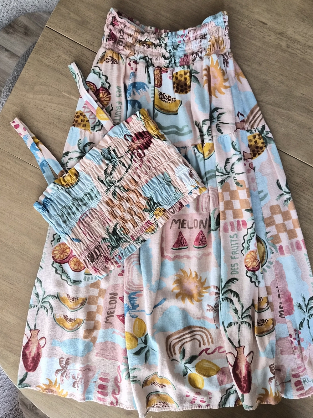 Paper Heart "Des Fruits" Melon Print Linen Blend Two Piece Set - Skirt And Top
